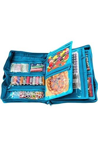 a close up of a suitcase on a white surface