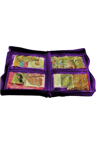 a close up of a purple and black suitcase